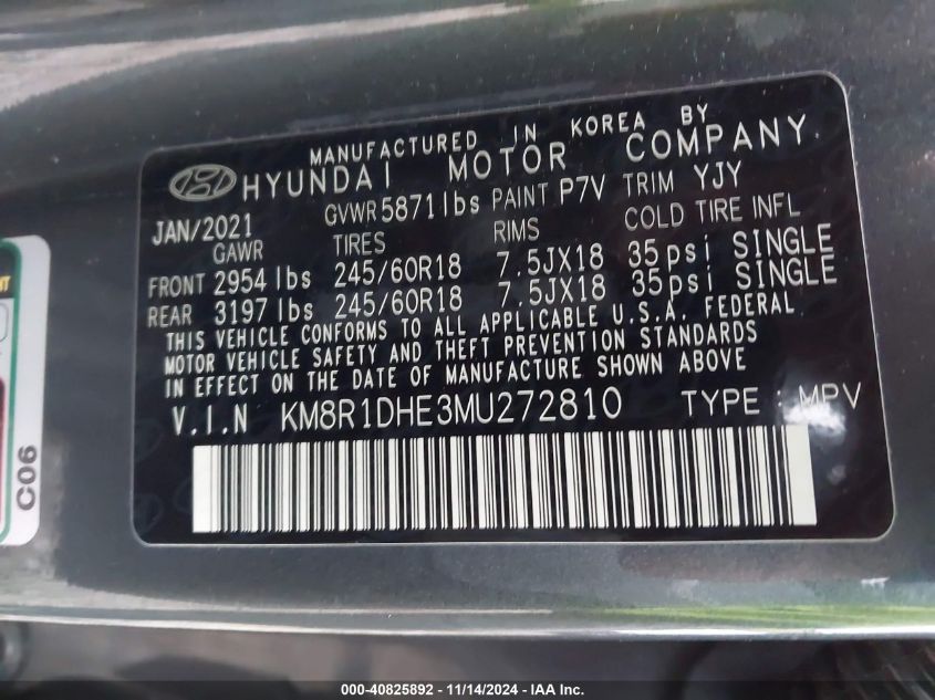 2021 Hyundai Palisade Se VIN: KM8R1DHE3MU272810 Lot: 40825892