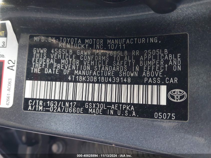 2011 Toyota Avalon Limited VIN: 4T1BK3DB1BU439148 Lot: 40825894