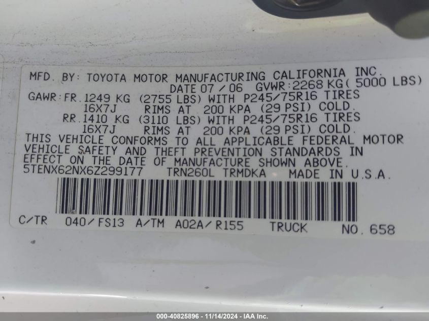 2006 Toyota Tacoma Prerunner VIN: 5TENX62NX6Z299177 Lot: 40825896