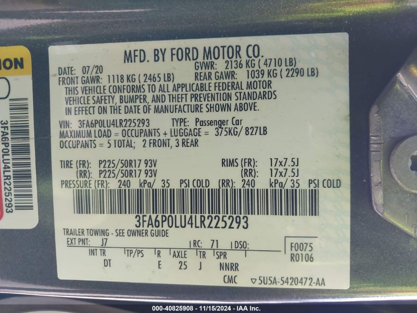 2020 Ford Fusion Hybrid Se VIN: 3FA6P0LU4LR225293 Lot: 40825908