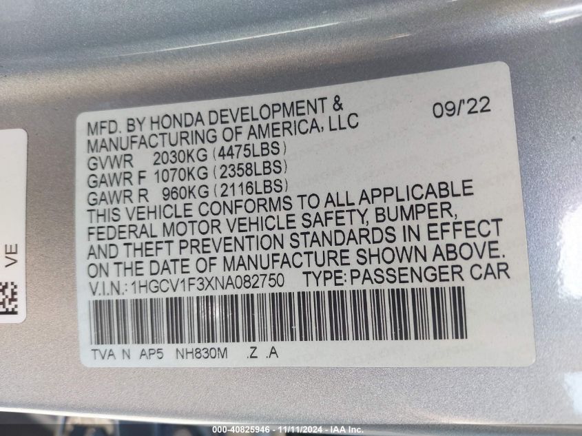 2022 Honda Accord Sport VIN: 1HGCV1F3XNA082750 Lot: 40825946