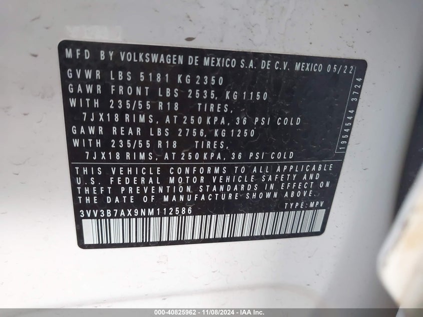 2022 VOLKSWAGEN TIGUAN 2.0L I-4 DI, DOHC, V(VIN: 3VV3B7AX9NM112586