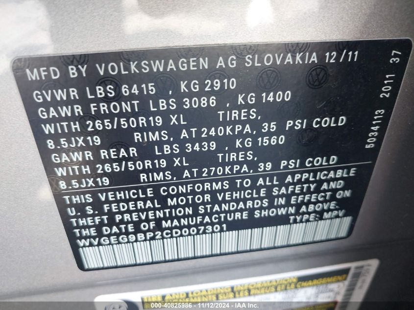 2012 Volkswagen Touareg Hybrid VIN: WVGEG9BP2CD007301 Lot: 40825986