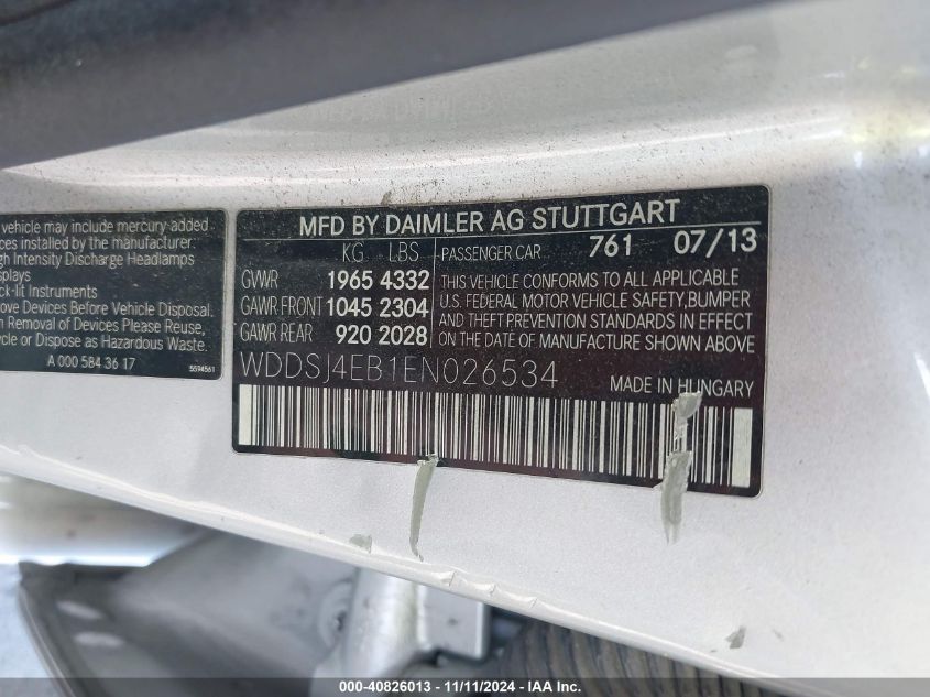 2014 Mercedes-Benz Cla 250 VIN: WDDSJ4EB1EN026534 Lot: 43455328