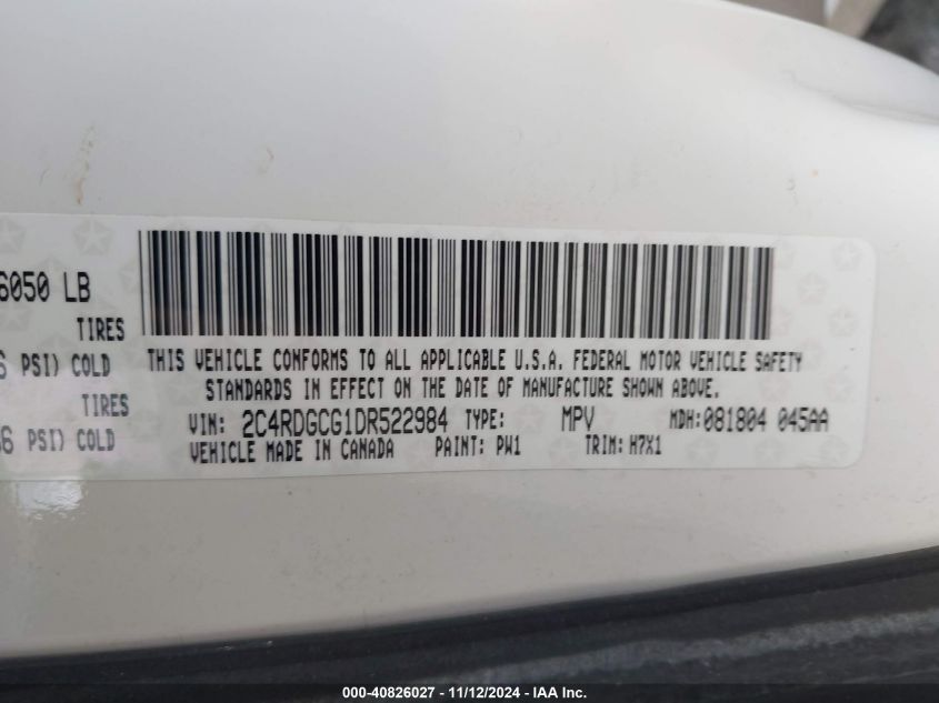 2013 Dodge Grand Caravan Sxt VIN: 2C4RDGCG1DR522984 Lot: 40826027