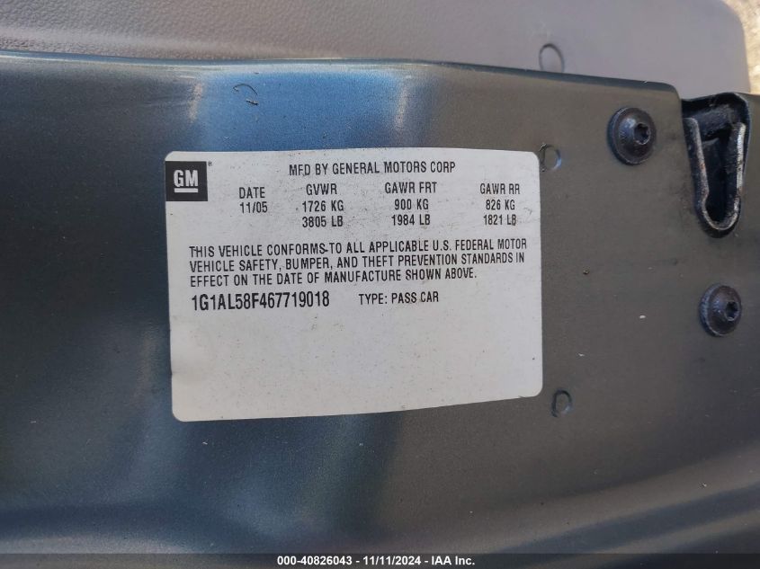 2006 Chevrolet Cobalt Lt VIN: 1G1AL58F467719018 Lot: 40826043