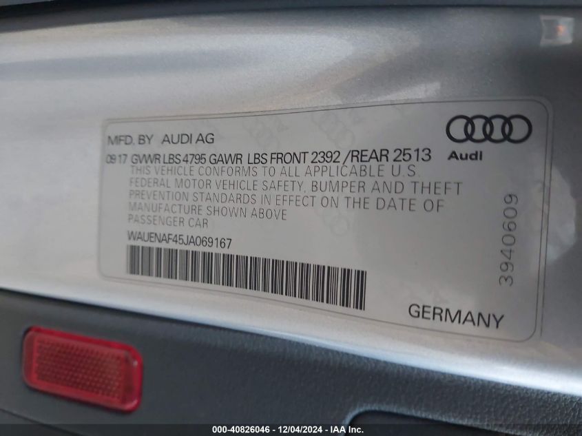 VIN WAUENAF45JA069167 2018 Audi A4, 2.0T Premium/2.... no.9