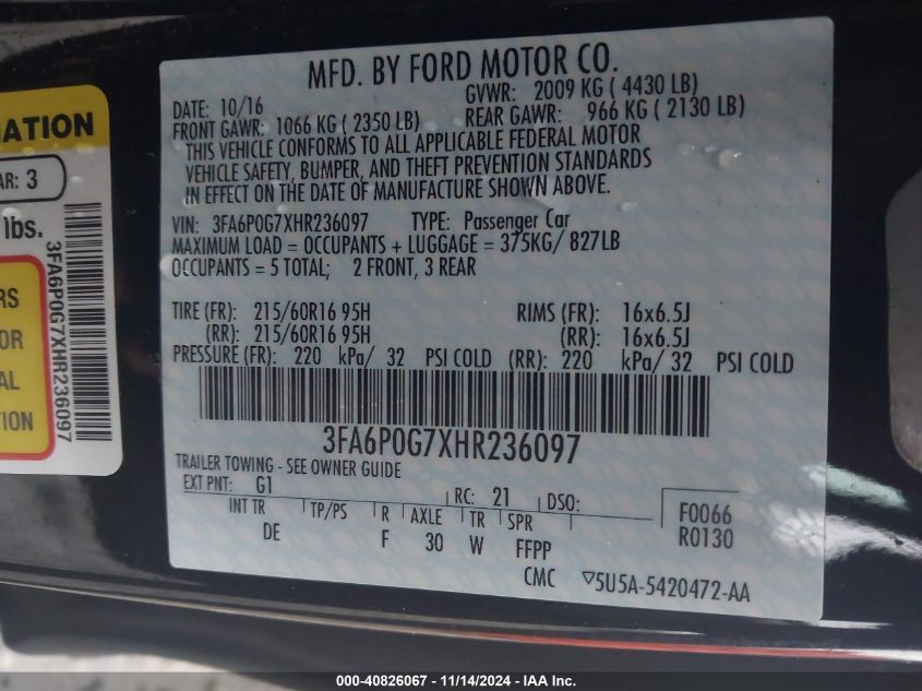 2017 FORD FUSION S - 3FA6P0G7XHR236097