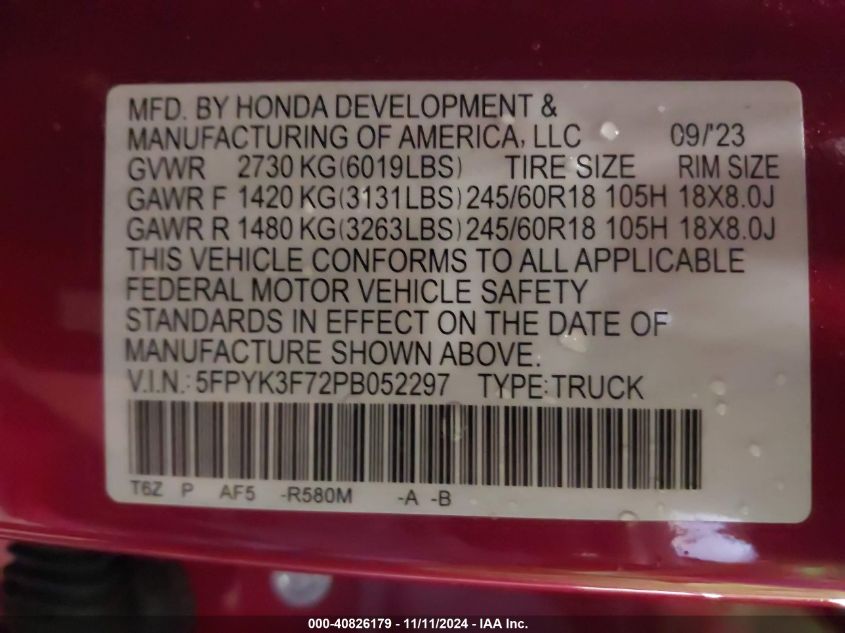 VIN 5FPYK3F72PB052297 2023 HONDA RIDGELINE no.9