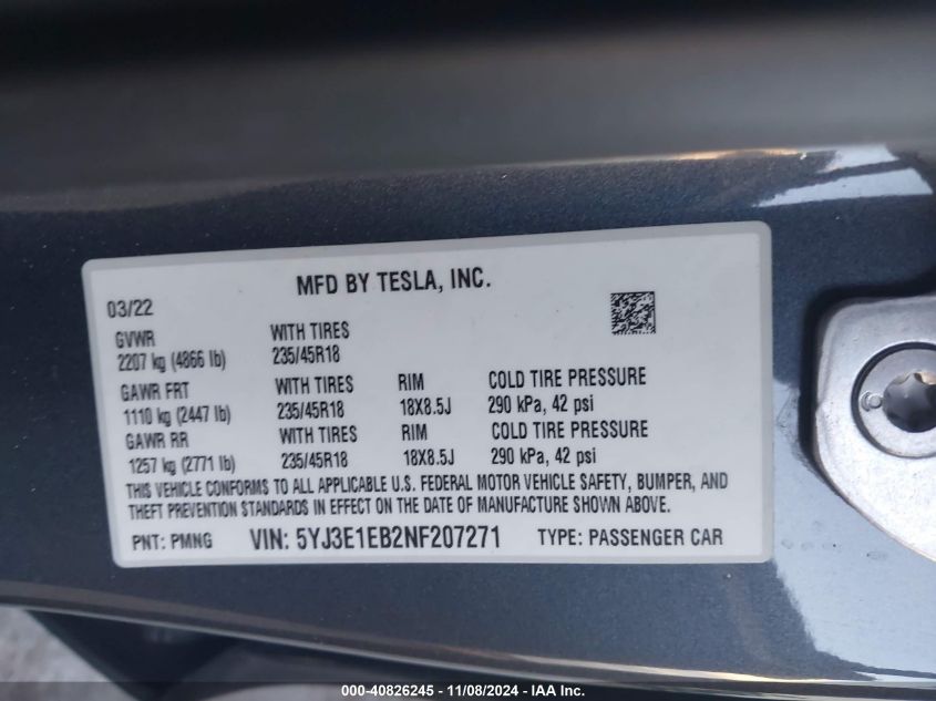 2022 Tesla Model 3 Long Range Dual Motor All-Wheel Drive VIN: 5YJ3E1EB2NF207271 Lot: 40826245