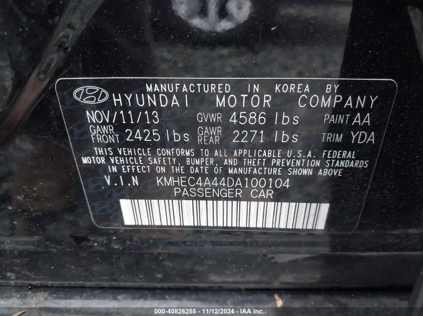 2013 Hyundai Sonata Hybrid Limited VIN: KMHEC4A44DA100104 Lot: 40826255