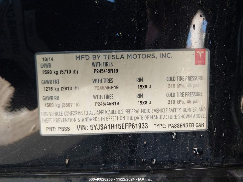 2014 Tesla Model S P85 VIN: 5YJSA1H15EFP61933 Lot: 40826256