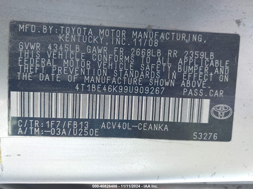 2009 Toyota Camry Le VIN: 4T1BE46K99U909267 Lot: 40826486