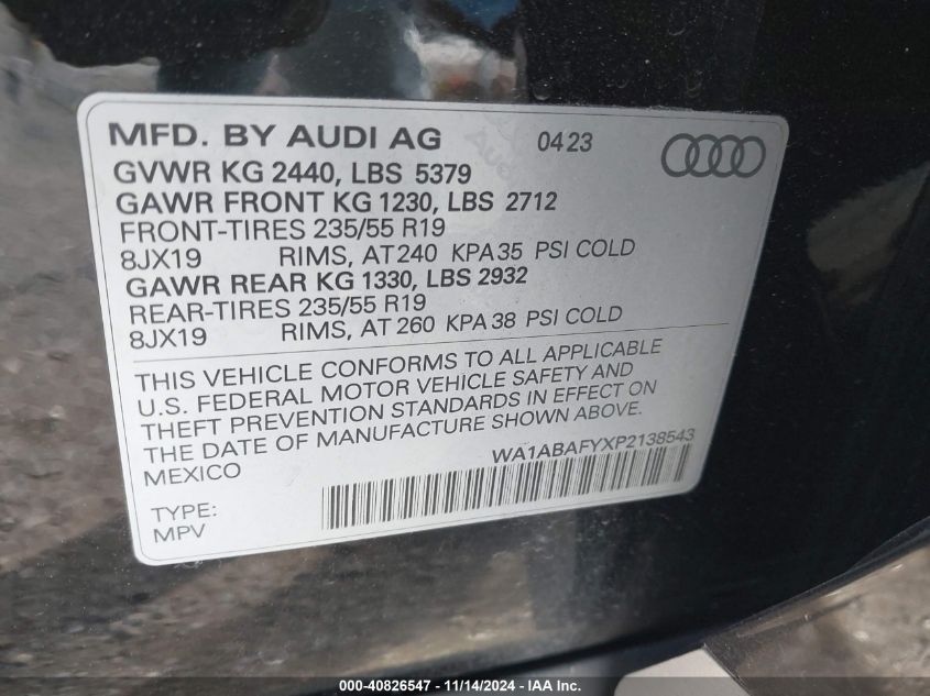 2023 Audi Q5 Premium 40 Tfsi Quattro S Tronic VIN: WA1ABAFYXP2138543 Lot: 40826547