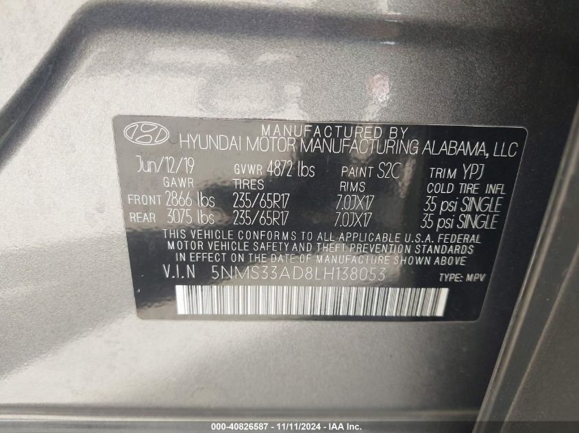 2020 Hyundai Santa Fe Sel VIN: 5NMS33AD8LH138053 Lot: 40826587