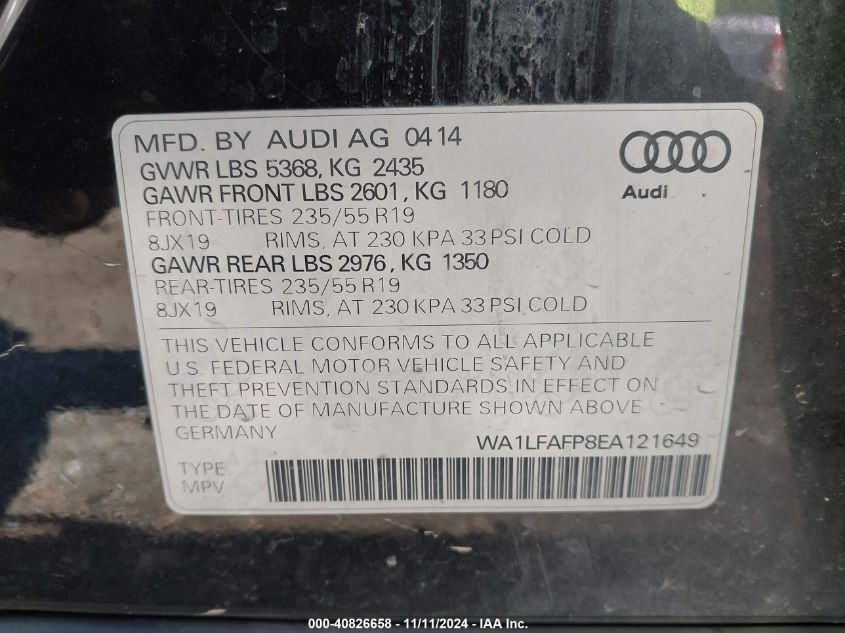 2014 Audi Q5 2.0T Premium VIN: WA1LFAFP8EA121649 Lot: 40826658