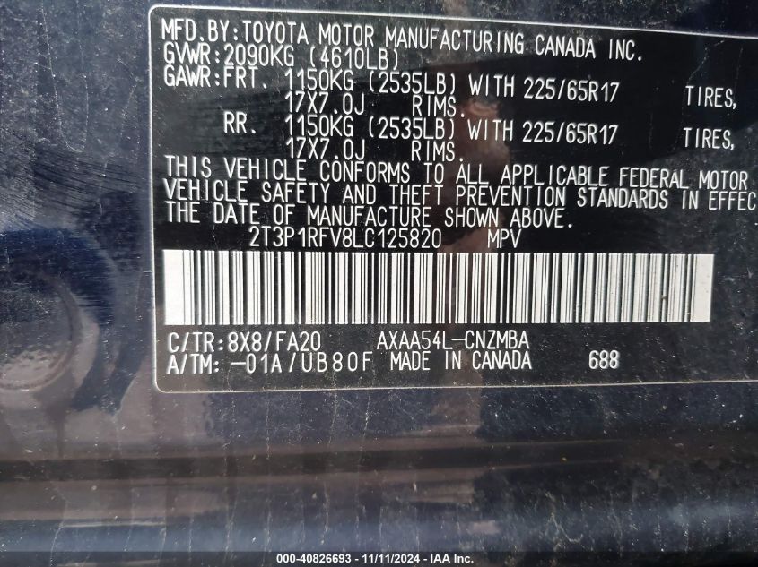 2020 Toyota Rav4 Xle/Xle Premium VIN: 2T3P1RFV8LC125820 Lot: 40826693