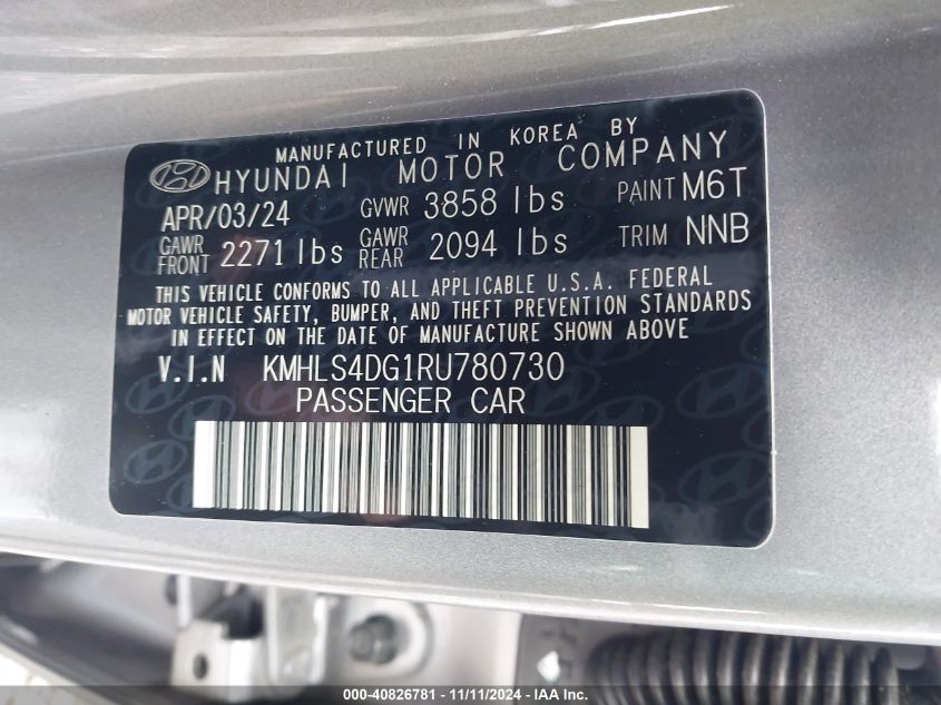 2024 Hyundai Elantra Sel VIN: KMHLS4DG1RU780730 Lot: 40826781