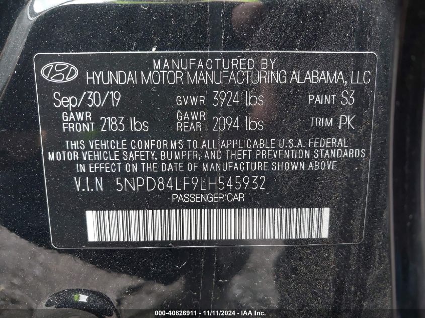 2020 Hyundai Elantra Sel VIN: 5NPD84LF9LH545932 Lot: 40826911