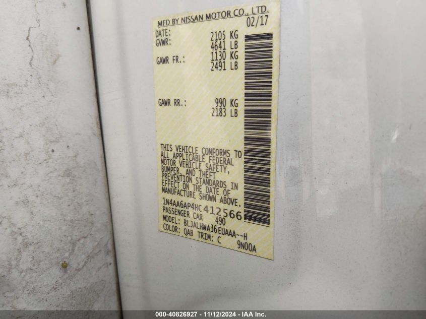 VIN 1N4AA6AP4HC412566 2017 NISSAN MAXIMA 3.5 PLATINUM