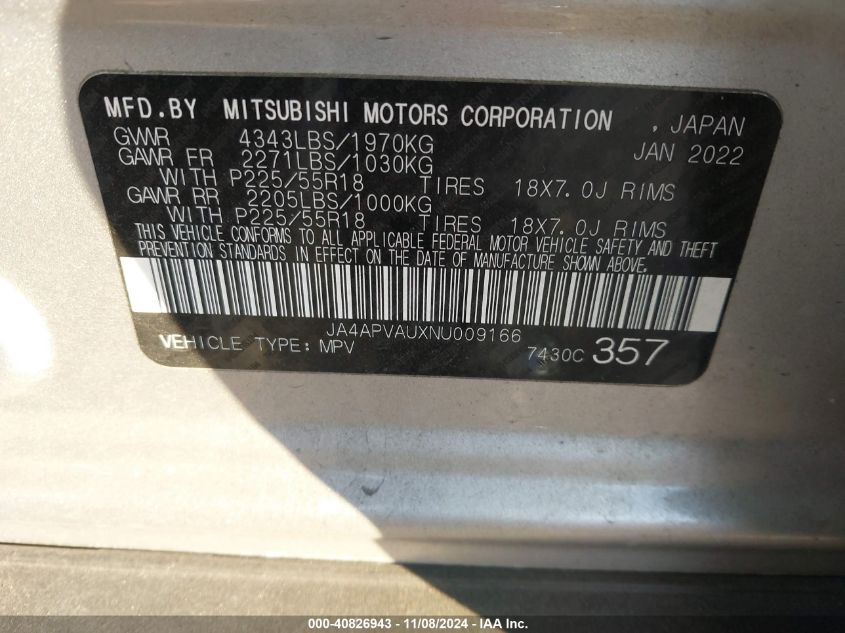 2022 Mitsubishi Outlander Sport 2.0 Se 2Wd VIN: JA4APVAUXNU009166 Lot: 40826943