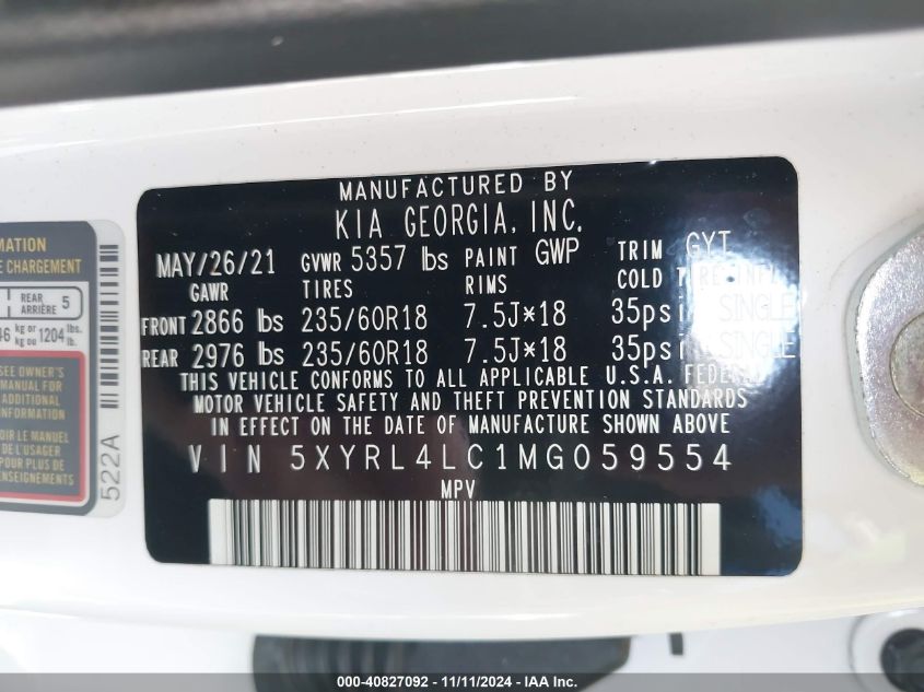 2021 KIA SORENTO S - 5XYRL4LC1MG059554