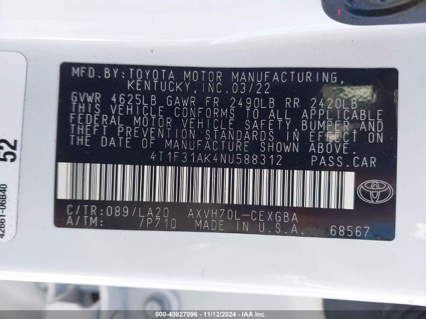 2022 Toyota Camry Xle Hybrid VIN: 4T1F31AK4NU588312 Lot: 40827096