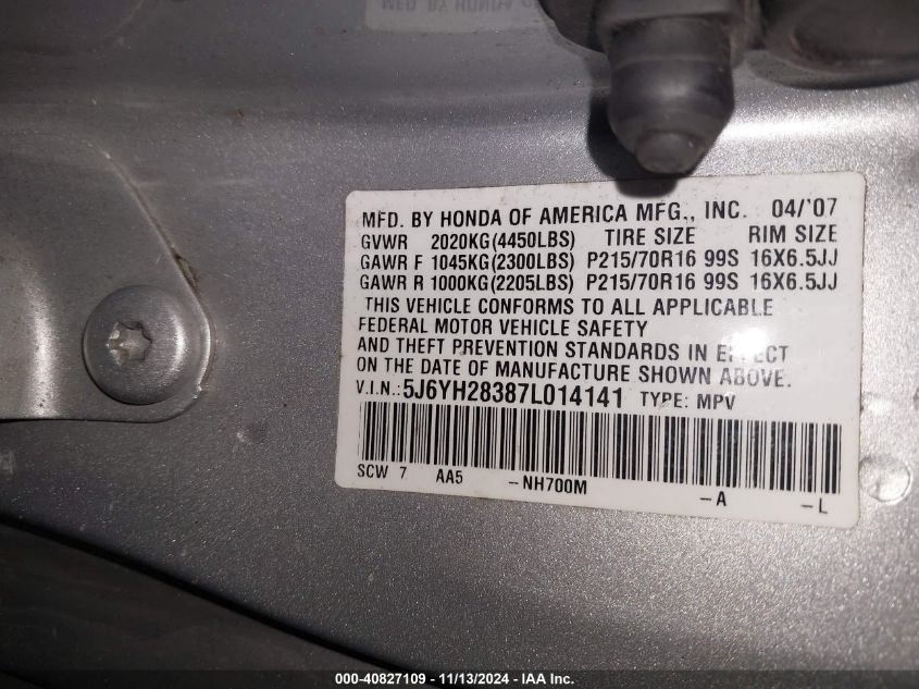 2007 Honda Element Lx VIN: 5J6YH28387L014141 Lot: 40827109