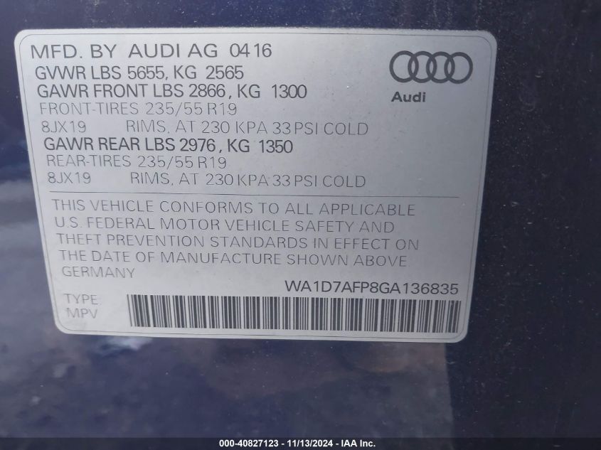 2016 Audi Q5 3.0T Premium Plus VIN: WA1D7AFP8GA136835 Lot: 40827123