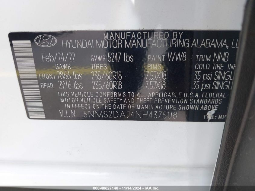 2022 Hyundai Santa Fe Sel VIN: 5NMS2DAJ4NH437508 Lot: 40827140