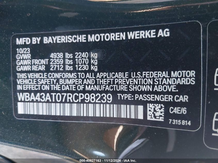 2024 BMW 4 Series 430I xDrive VIN: WBA43AT07RCP98239 Lot: 40827163