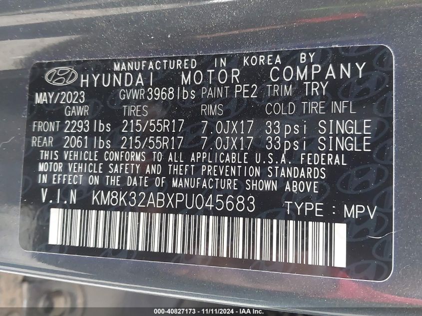 2023 Hyundai Kona Sel VIN: KM8K32ABXPU045683 Lot: 40827173