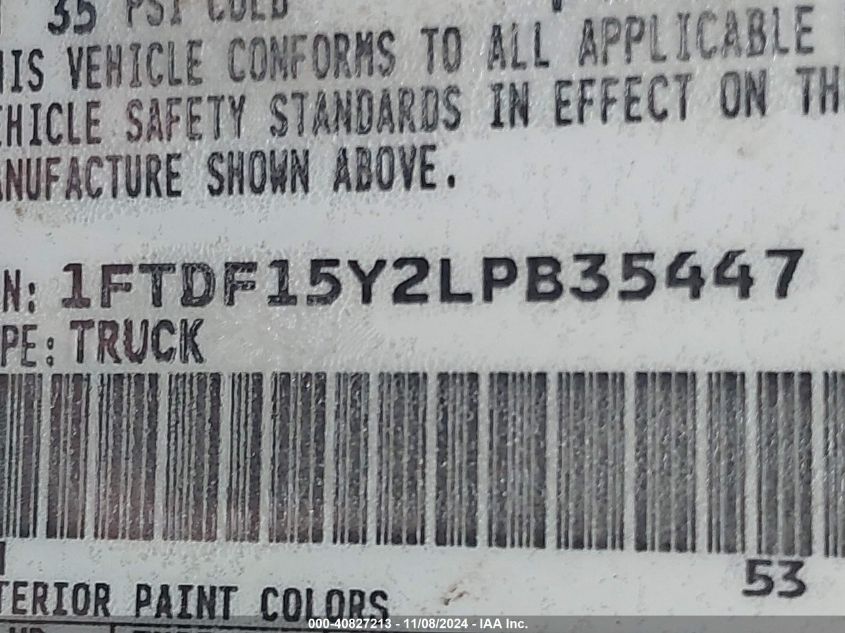 1990 Ford F150 VIN: 1FTDF15Y2LPB35447 Lot: 40827213