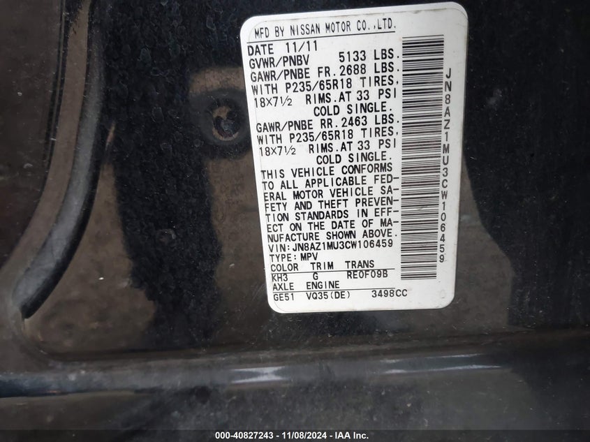 2012 Nissan Murano S VIN: JN8AZ1MU3CW106459 Lot: 40827243