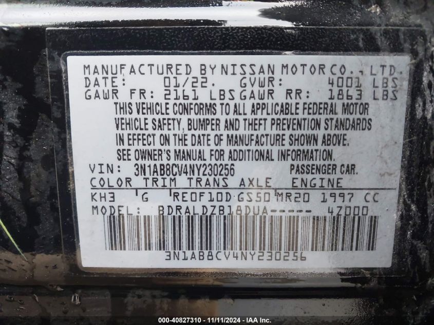 2022 Nissan Sentra Sv Xtronic Cvt VIN: 3N1AB8CV4NY230256 Lot: 40827310