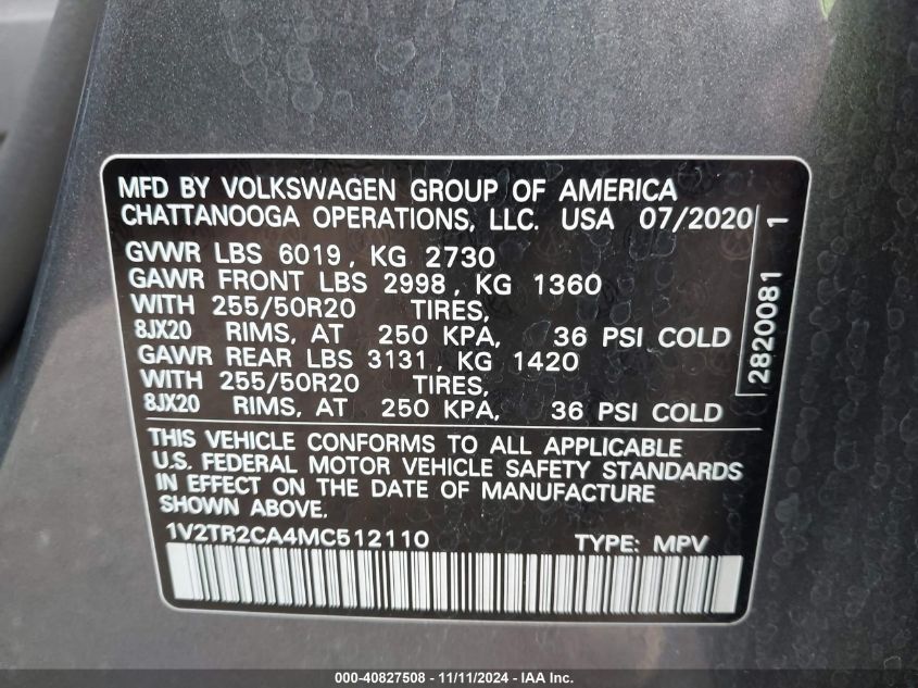 2021 Volkswagen Atlas 3.6L V6 Sel Premium VIN: 1V2TR2CA4MC512110 Lot: 40827508