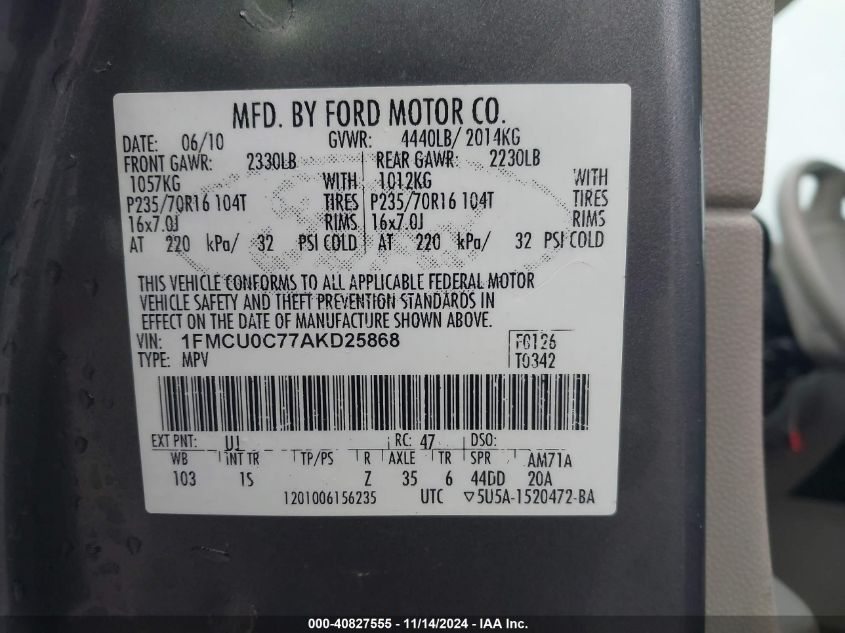 2010 Ford Escape Xls VIN: 1FMCU0C77AKD25868 Lot: 40827555