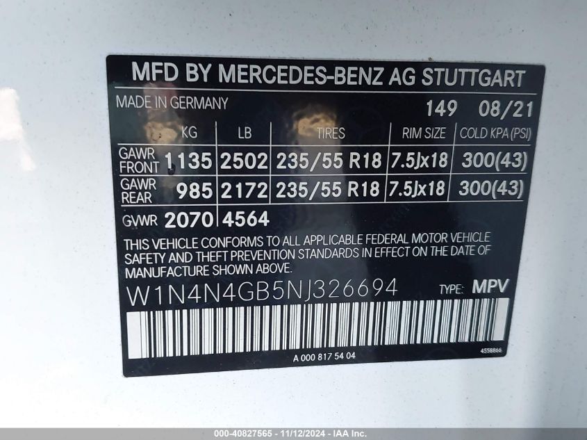 2022 Mercedes-Benz Gla 250 VIN: W1N4N4GB5NJ326694 Lot: 40827565