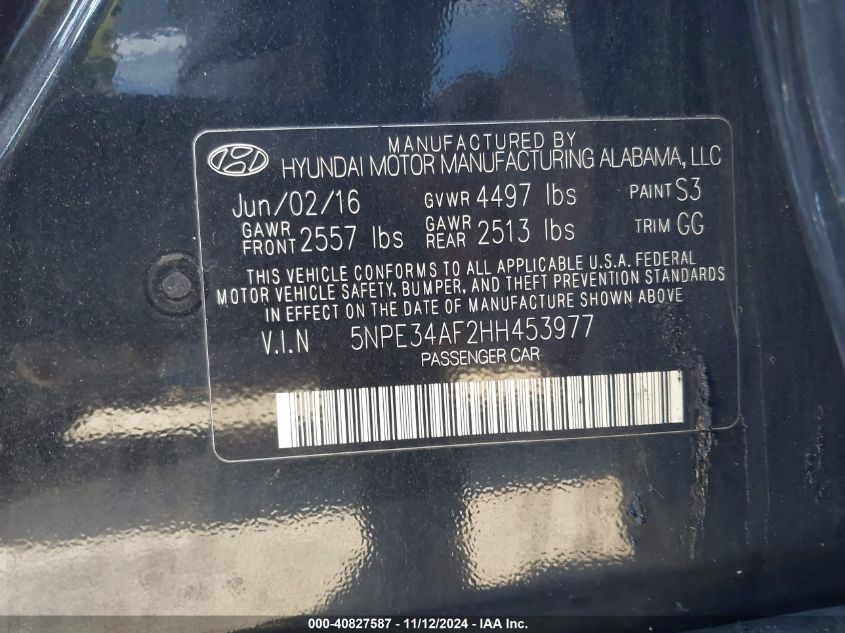 VIN 5NPE34AF2HH453977 2017 Hyundai Sonata, Sport no.9