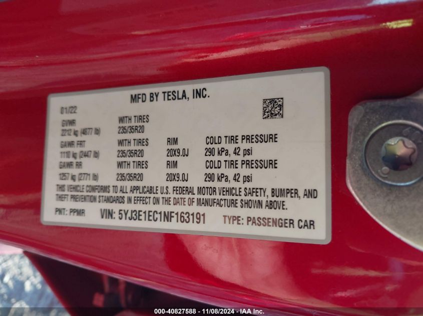 2022 Tesla Model 3 Performance Dual Motor All-Wheel Drive VIN: 5YJ3E1EC1NF163191 Lot: 40827588