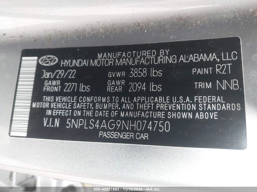 2022 Hyundai Elantra Sel VIN: 5NPLS4AG9NH074750 Lot: 40827593