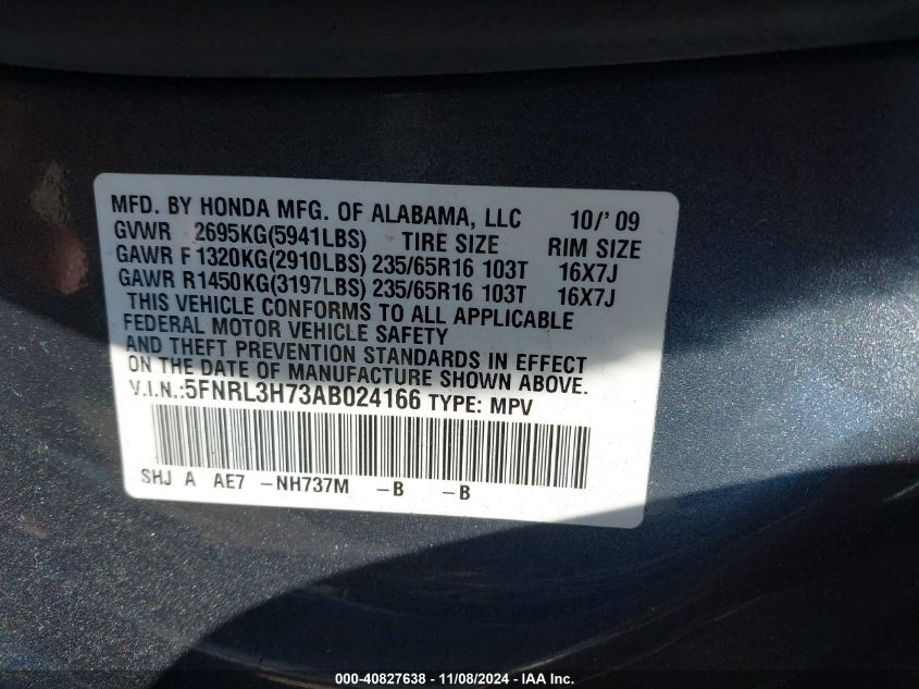 2010 Honda Odyssey Ex-L VIN: 5FNRL3H73AB024166 Lot: 40827638