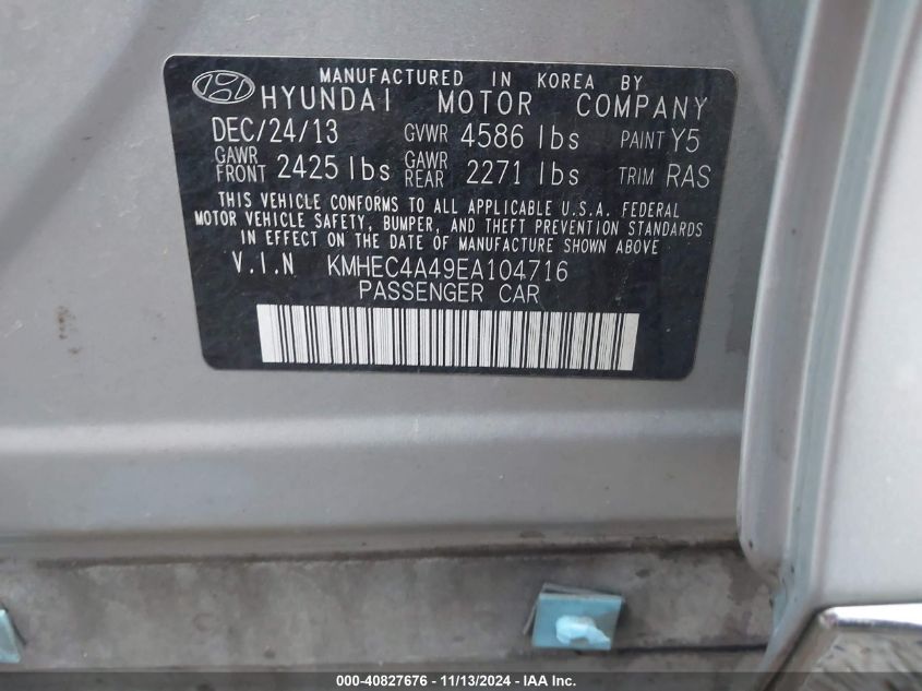 2014 Hyundai Sonata Hybrid Limited VIN: KMHEC4A49EA104716 Lot: 40827676