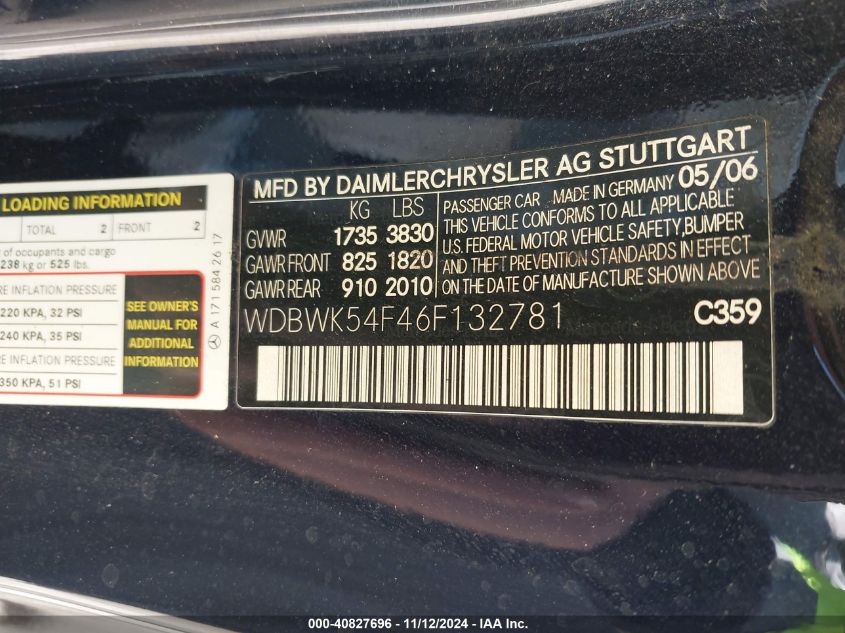 2006 Mercedes-Benz Slk 280 VIN: WDBWK54FX6F132784 Lot: 40827696