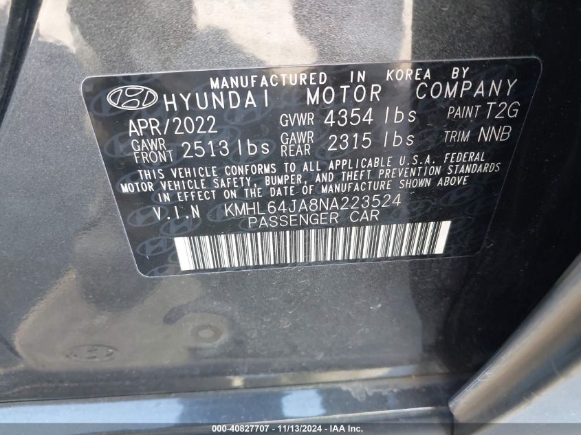 2022 Hyundai Sonata Sel VIN: KMHL64JA8NA223524 Lot: 40827707