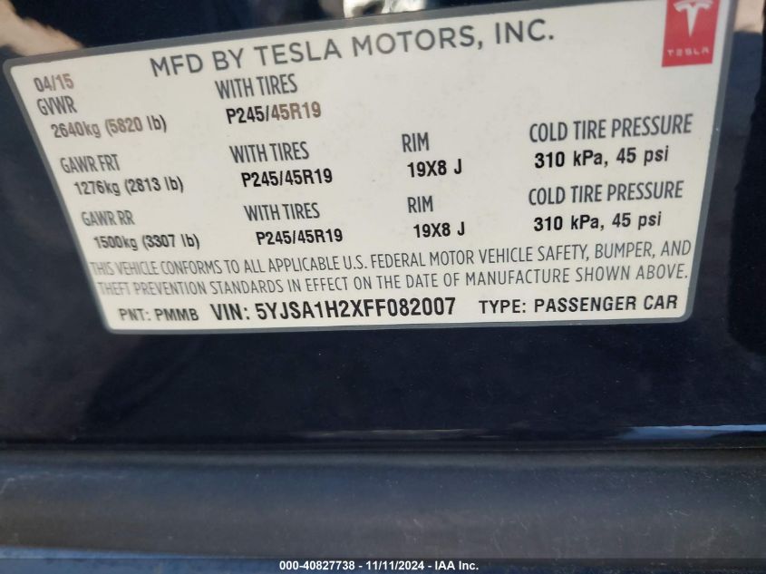 2015 Tesla Model S 85D VIN: 5YJSA1H2XFF082007 Lot: 40827738