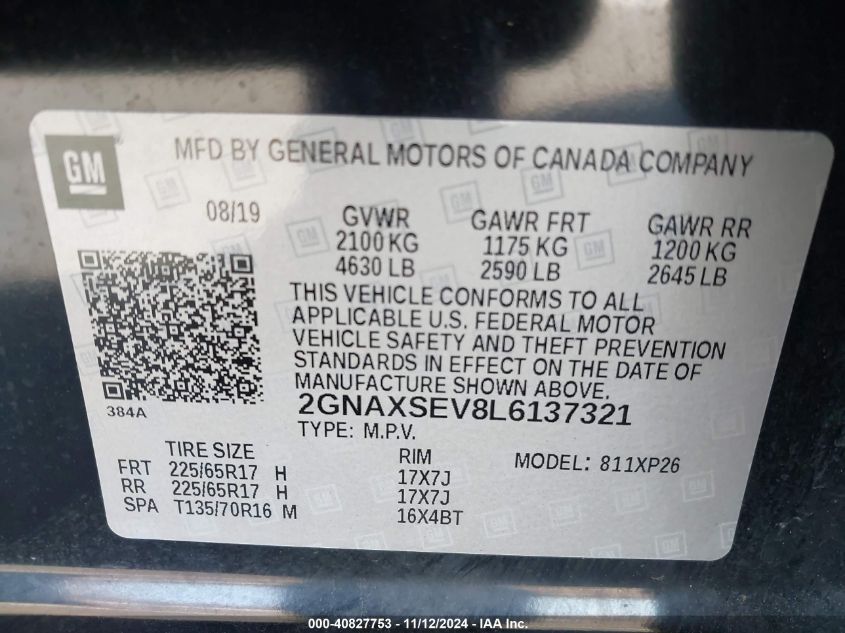 VIN 2GNAXSEV8L6137321 2020 Chevrolet Equinox, Awd Ls no.9