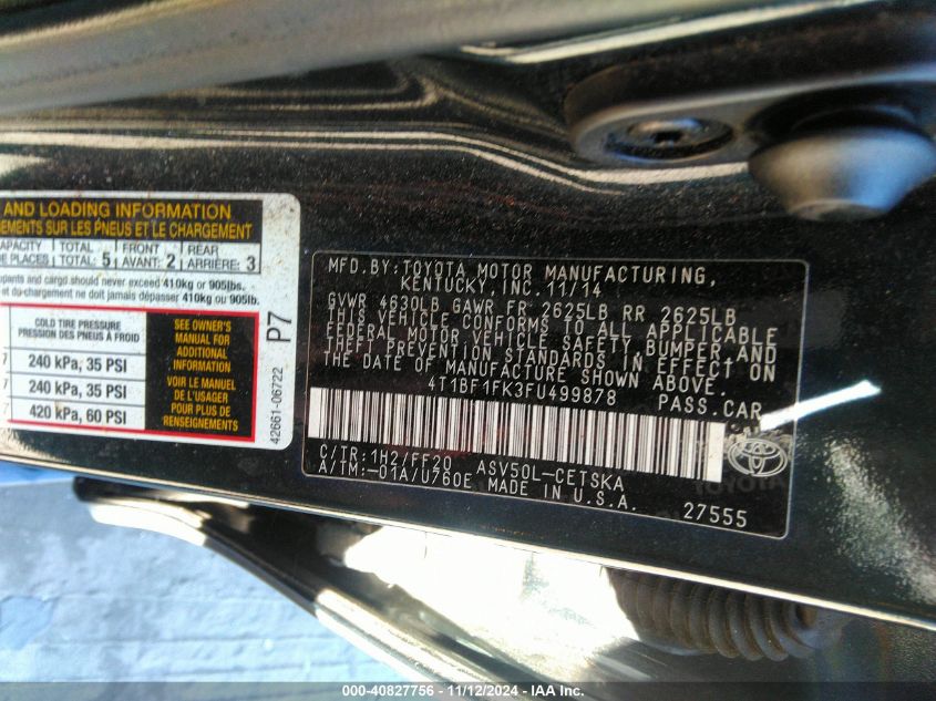 2015 TOYOTA CAMRY VIN: 4T1BF1FK3FU499878