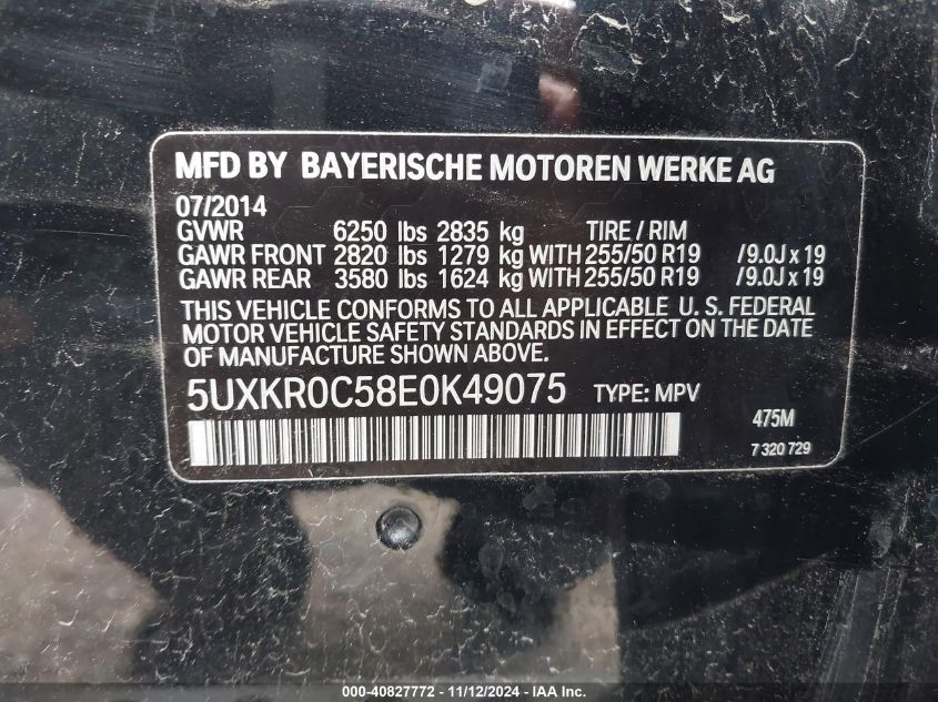 VIN 5UXKR0C58E0K49075 2014 BMW X5 no.9