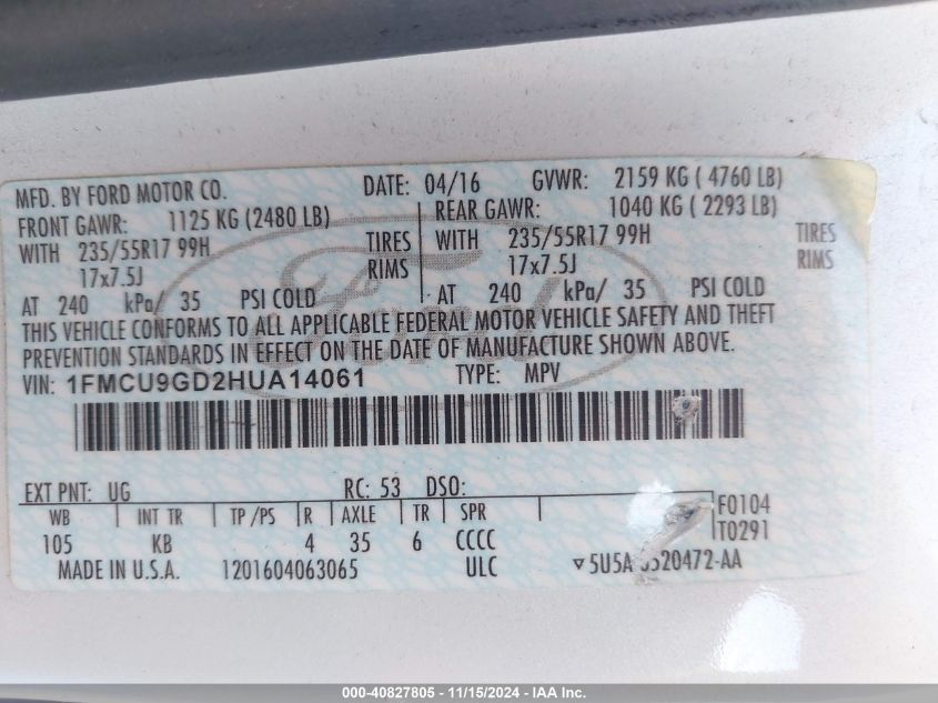 VIN 1FMCU9GD2HUA14061 2017 Ford Escape, SE no.9